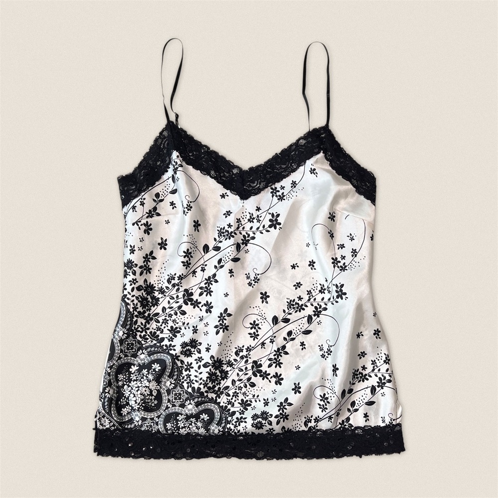 Y2K Floral Lace Trim‎ Sequin Satin Camisole Cami Top White Black MCM Size Large